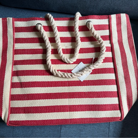Handbags - Striped Red and White canvas Tote Bag. New!
